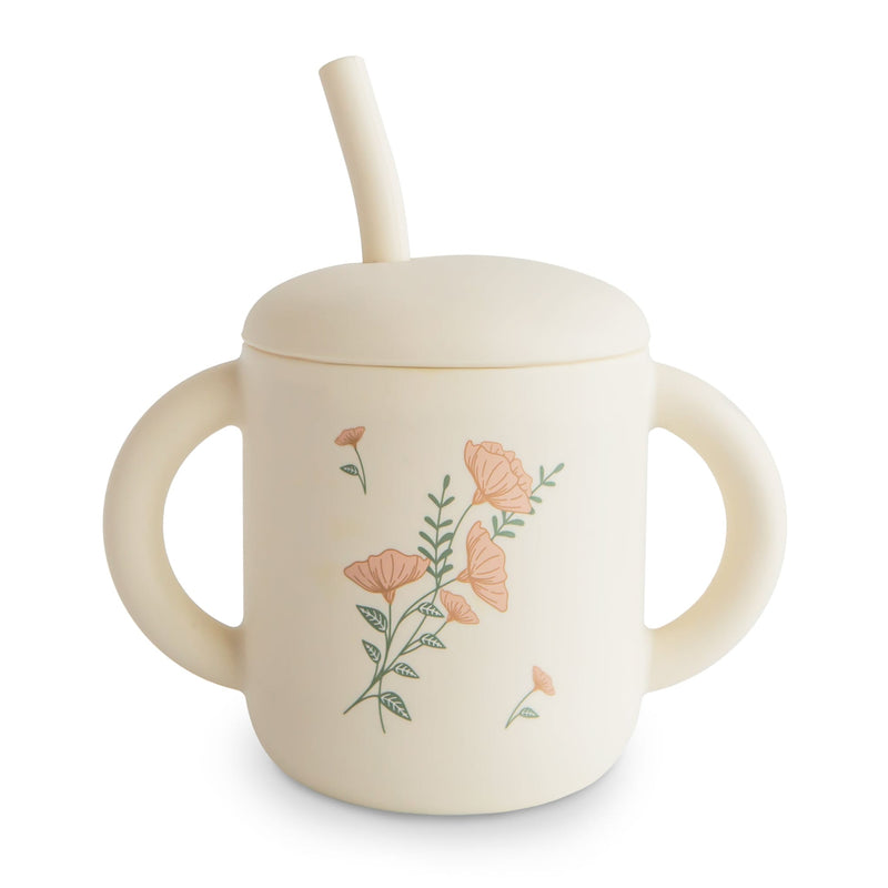 Trinklernbecher mit Strohhalm  "Pink Flowers"